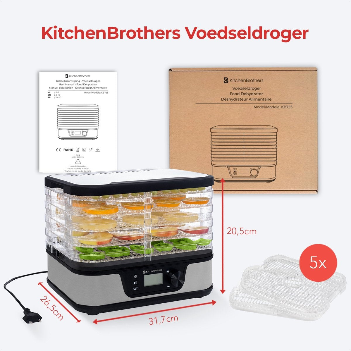 KitchenBrothers Voedseldroger - Elektrisch 380W - 5 Laags - 9 Hitte-niveaus - 35°C tot 75°C - LCD Display - Timer - RVS/Zwart