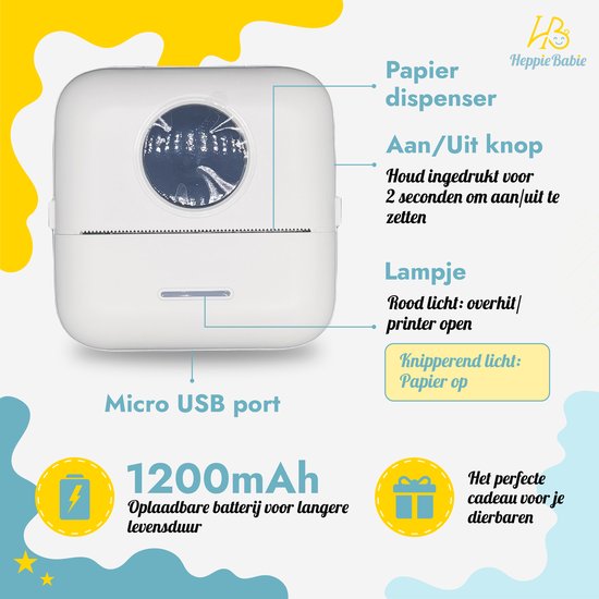 HeppieBabie Bluetooth Pocket Printer - Mini Printer - Sticker - Mobiele Fotoprinter - Incl 16 Papierrollen