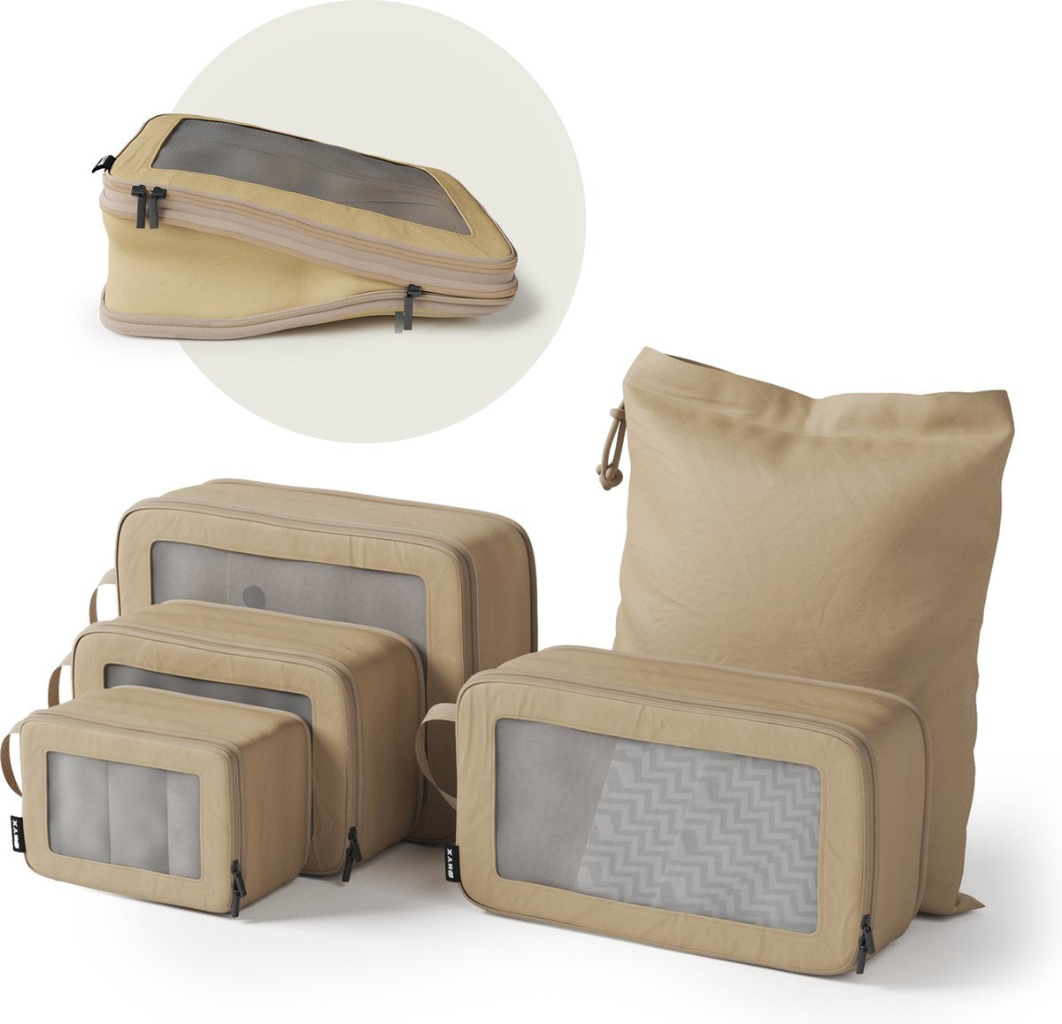 ONYX Compressie Packing Cubes - 5 stuks - Koffer Organizer Set - Compressie rits - Voor koffers en tassen - Bagage & Backpack Compression - Beige