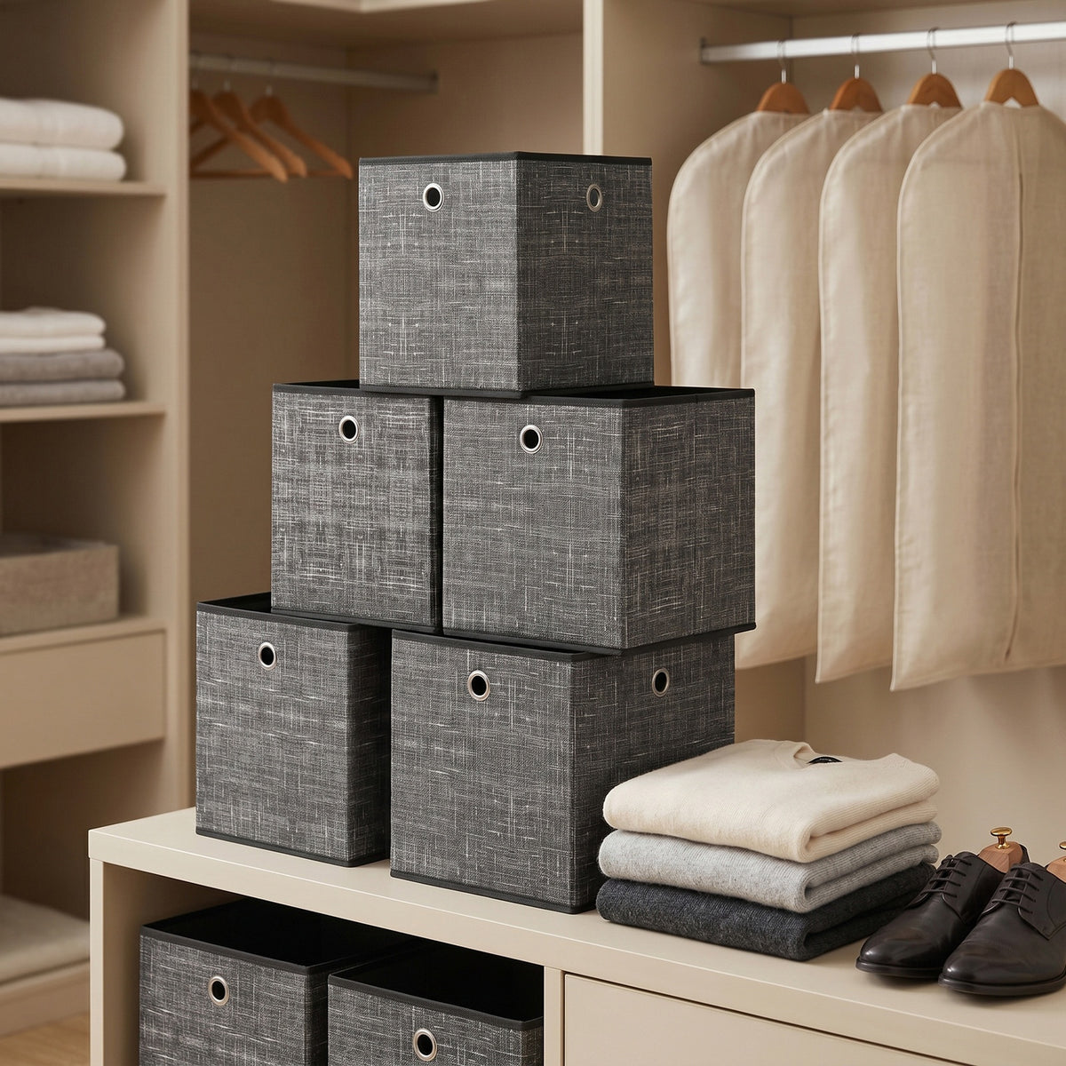 JOYFURNOS kubusopbergers, opvouwbare stoffen opbergboxen met handgrepen, set van 6, voor planken, kleding, zwart