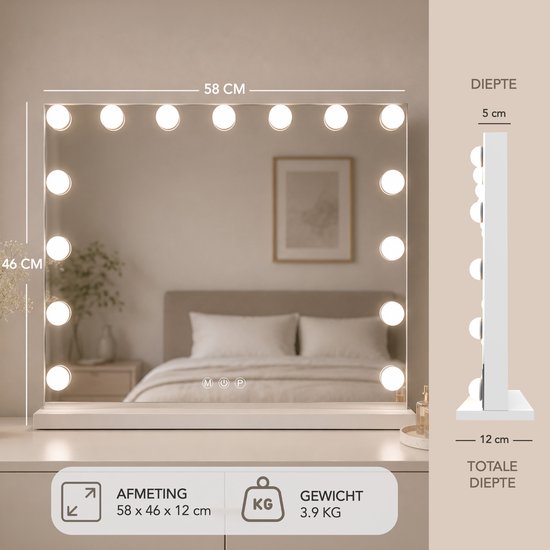 Lumirex Hollywood Spiegel 58x46 cm - Make-up Spiegel met Verlichting - 15 LED Lampen - Dimbaar - 3 Lichtkleuren - Smart Touch - Netstroom - Visagie Spiegel - Wit