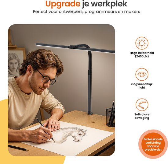 Goliving Bureaulamp met Klem XL - 78 CM - LED Dimbaar met Afstandsbediening - Klemlamp - Tafellamp - Leeslamp - Flexibel - Ledlamp - Touch Bediening - Softclose - Zwart