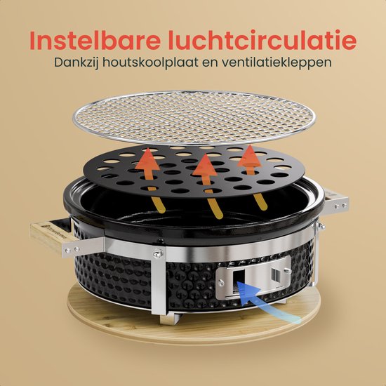 KitchenBrothers Kamado Hibachi Grill - Houtskool Barbecue - Shichirin Tafelgrill - PFAS-vrij - Ronde BBQ - Keramische Barbecue - Zwart