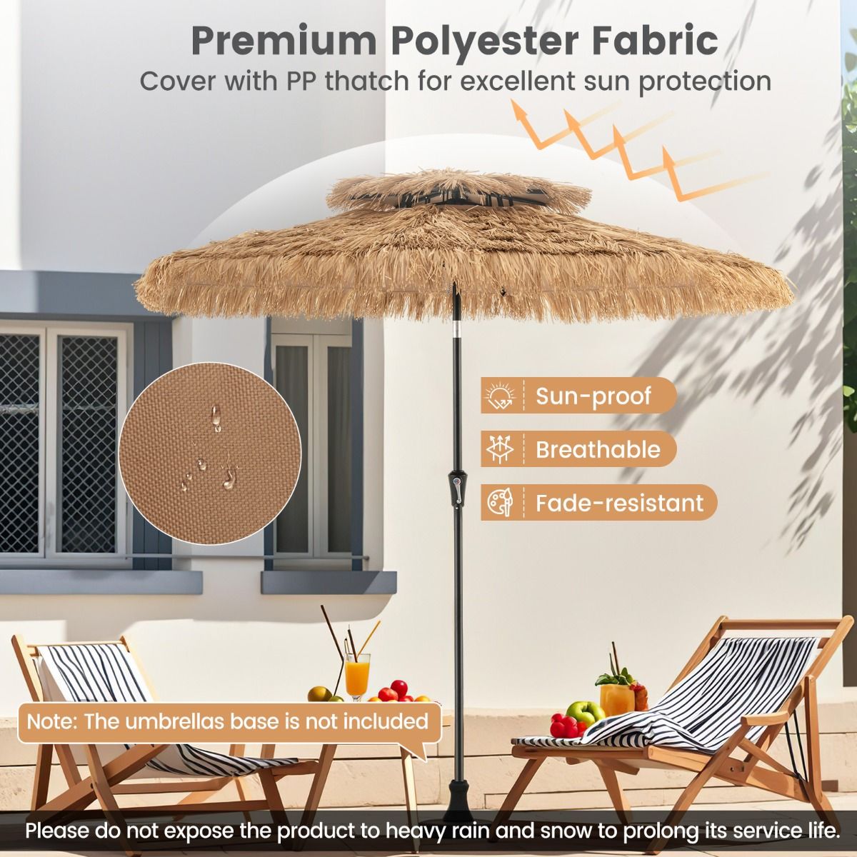 Coast Hawaïaanse Rieten Tiki Parasol 267x247 cm – Natuurlijke Terrasparasol met Zwengel, Kantelmechanisme & 8 Stevige Baleinen