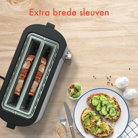 KitchenBrothers Broodrooster - Toaster - 6 Warmteniveaus - 2 Extra Lange Sleuven - 1520W - RVS/Zwart