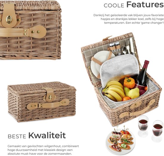 tectake® complete Picknickmand Set Ameland - Luxe 13-delige Picknick set voor 2 personen - Picknick Mand van Riet - Inclusief Koelvak, Set met Borden, Kunststof Wijnglazen en Roestvrijstalen Bestek