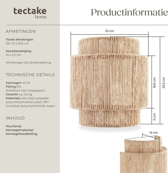 tectake® Wandlamp Lignea Lux - 40W - 12 x 23 x 25,5 cm - E14 - Muurlamp voor Woonkamer, Slaapkamer, Eetkamer - Jute Lamp in Boho Stijl - Trapverlichting - Halfrond
