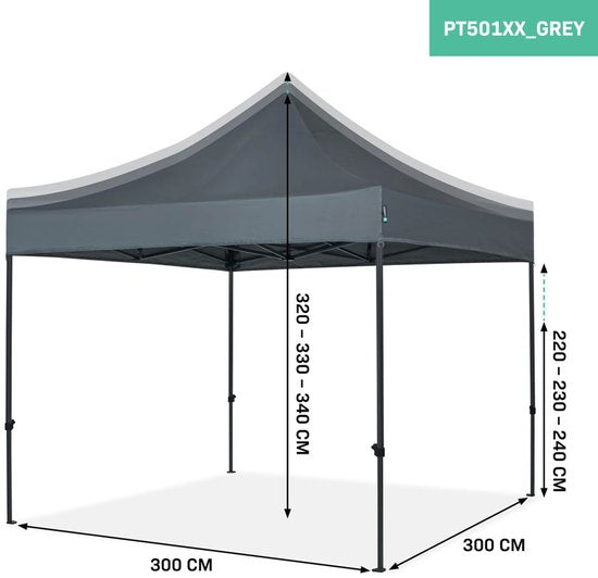 VONROC Partytent - 3x3 m – Premium easy-up Partytent - Modulair Ontwerp – Opvouwbaar – Waterdicht – Stalen Frame - 50+ UV Bescherming - Incl. Opbergtas - Grey