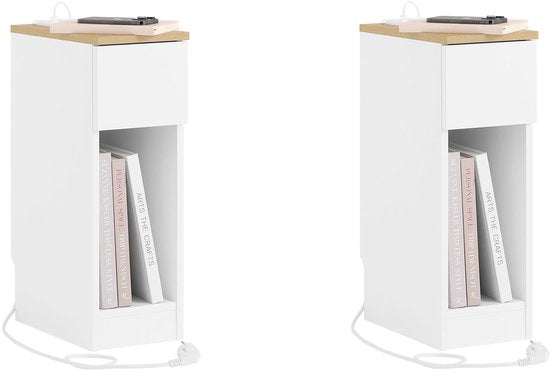 SoBuy 2-delige Slim Nachtkastje met Oplaadstation, Smal Bijzettafeltje met Standaard Stopcontact, USB-poort en Type-C Poort voor Slaapkamer en Woonkamer, B20 x D35 x H60 cm, Wit, FBT111-E-WNx2