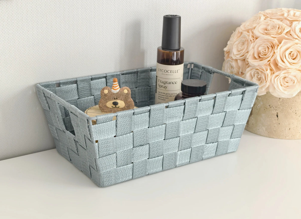 Kevahome Opbergmanden Set van 3 - Gevlochten PP Riempjes - Draagtas Model - Donkerblauw - 30,5 x 16,5 x 11,5 cm
