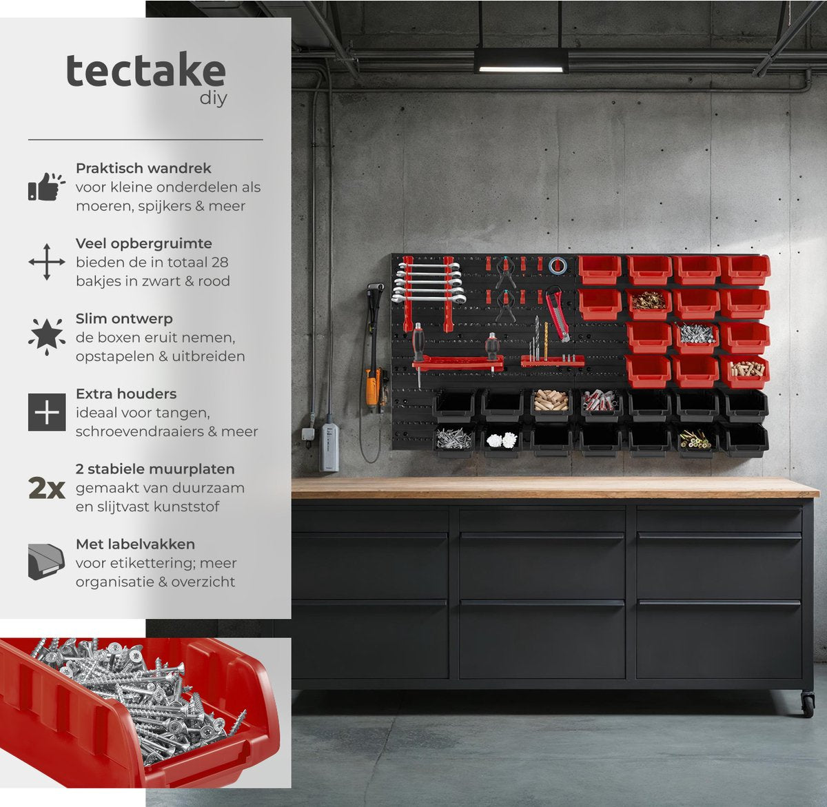 tectake werkplaats gereedschapswand - 96x17x54 cm - Zwart/Rood - 28 Opbergbakken & Wandhouders
