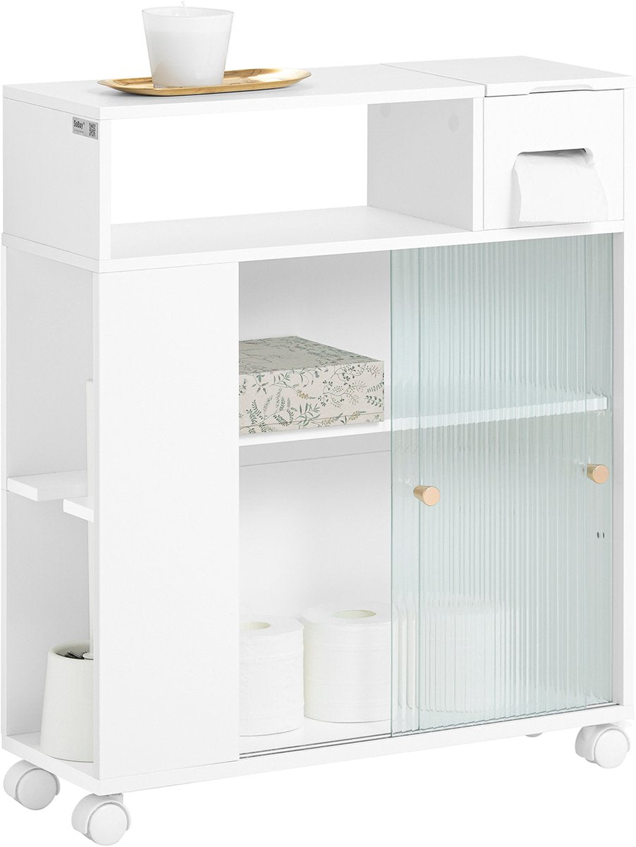 SoBuy Badkamer opbergkast op wieltjes met 2 deuren - 60x20x71 cm - Max. 45KG - Wit