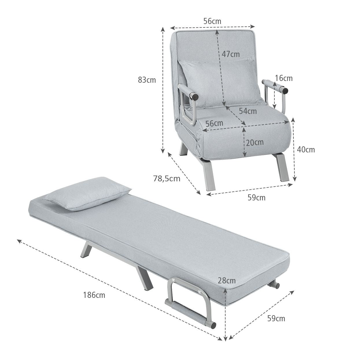 Coast Cabrio Sleep Sofa Vouwbare fauteuil Besinbedbank Bank Bed 5-Positie Liesstoel Lichtgrijs