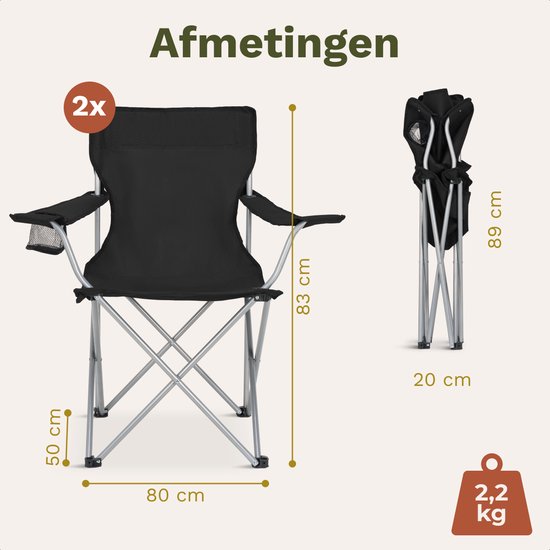 TRVLMORE Campingstoelen - Opvouwbaar - 2-Pack - 120KG Draagvermogen - Incl. Draagtas - Klapstoel - Visstoel - Kampeerstoel - Vouwstoel - Zwart