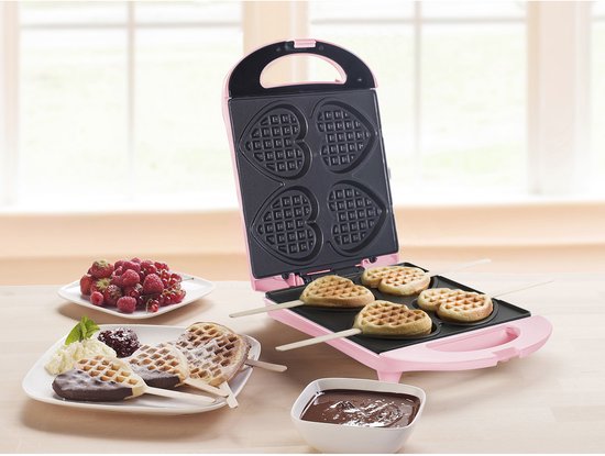 Bestron Wafelijzer - DSW271P - 1400W - 4 mini hartvormige wafels - Incl.20 houten stokjes - Roze
