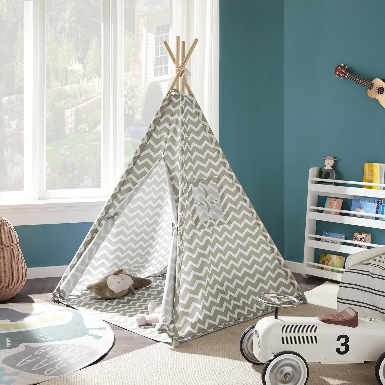 SoBuy OSS03 Tipi Tent Voor Kinderen 112 x 112 x 158 cm - Wit/ Grijs