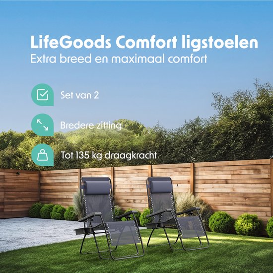 LifeGoods Opvouwbare Tuinstoelen - 2 Stuks - Ligstoel Tuin - 30°-90° Verstelbaar - Metaal - Blauw