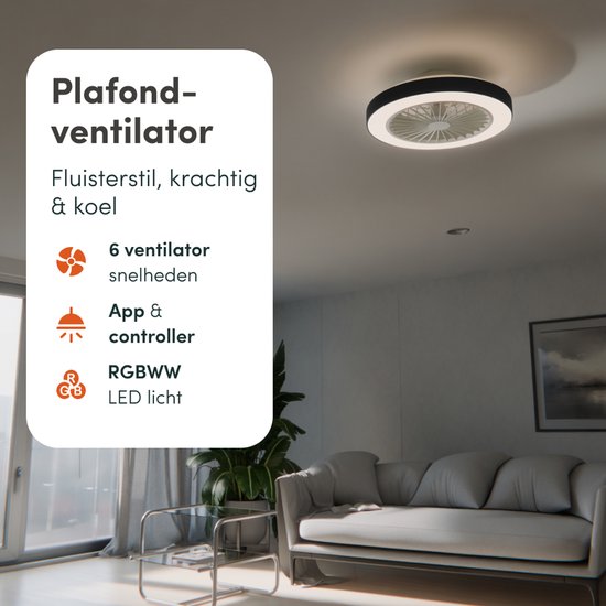 Plafondventilator met Verlichting - Plafondlamp Ventilator - Plafonniere - LED RGBW - Tuya Wifi Smart - Afstandsbediening - ⌀ 50cm - Zwart