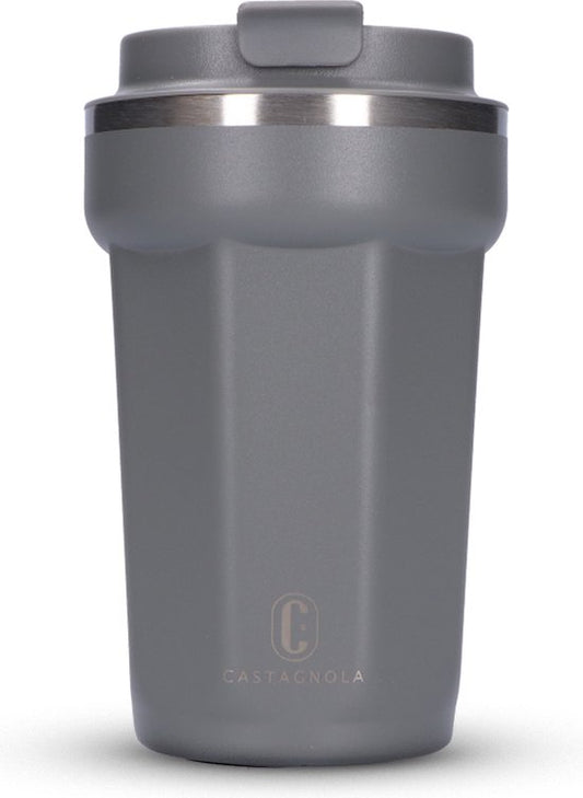 Castagnola Thermosbeker - Koffiebeker To Go - Travel Mug voor Koffie en Thee - Theebeker - 380 ML - RVS - Grijs - Octagon