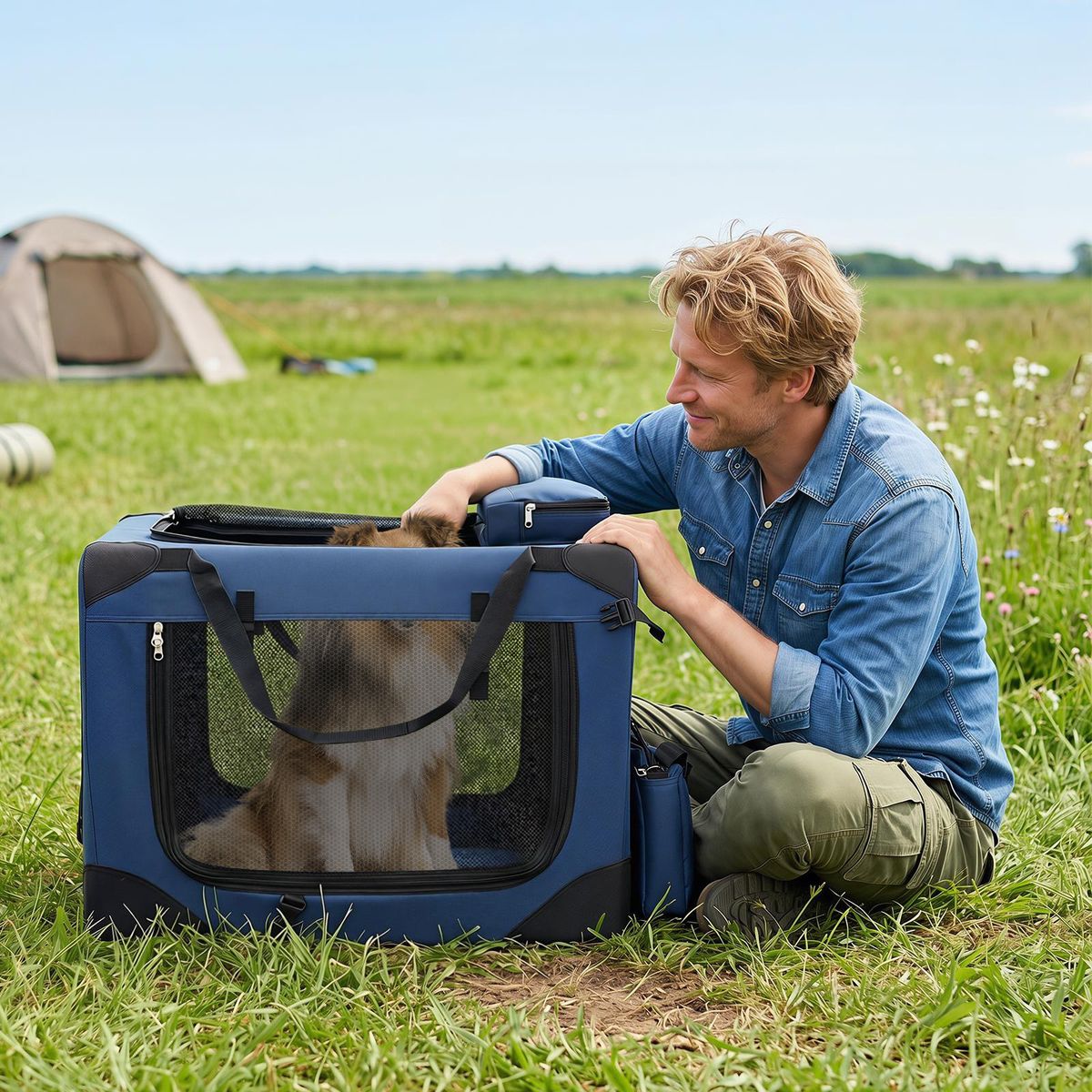 Coast Opvouwbare Hondentransportbox - draagbaar - ademende netvensters - blauw