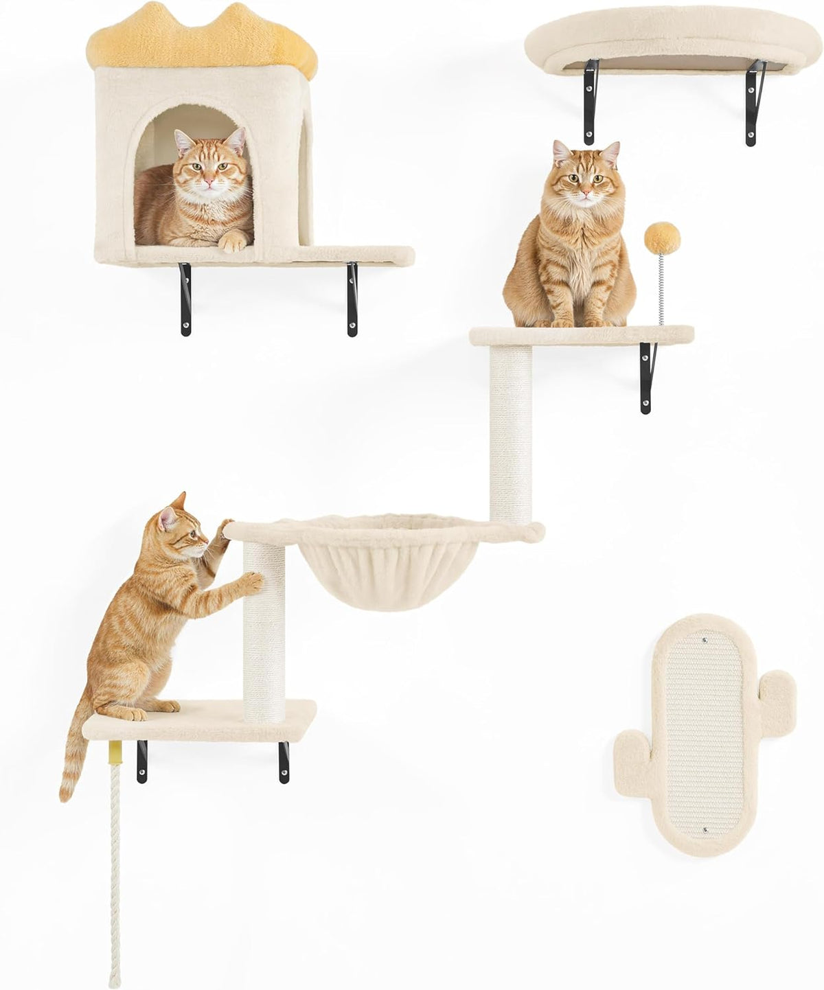 Yaheetech Klimwand Voor Katten - 4-Delig - Met Krabgedeelte En Mandje - Beige