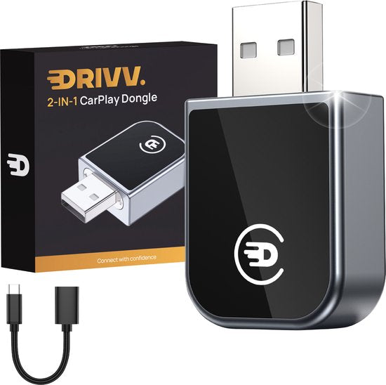 Drivv. 2-in-1 CarPlay Dongle - USB-C & USB-A Aansluiting - Draadloos CarPlay - Wireless CarPlay - Zwart