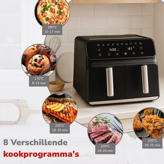 alpina Dubbele Airfryer XXL - Heteluchtfriteuse 2x4L - Air Fryer met Digitaal Touchscreen - Heteluchtoven voor 6 Personen en Meer - 8 Kookprogramma's - Sync-Modus - Timer Functie