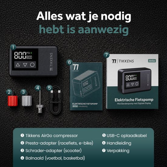 Tikkens® AirGo Elektrische Fietspomp XS - Mini Luchtcompressor - 118 gram - Draagbaar - Digitaal Display - Koersfiets - Racefiets - Gravelbike - Sportfiets - Stadsfiets - Mountainbike - Scooter - Fatbike - USB-C Oplaadbaar - Presta/Schräder/Dunlop