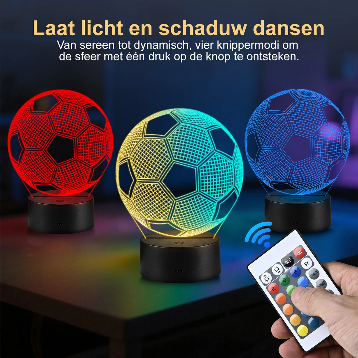VIVREAL 3D LED Voetbal Nachtlampje - 15 x 17,5 cm - 16 Kleuren, Afstandsbediening, Touch
