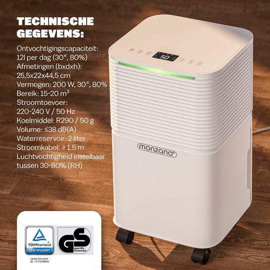 Monzana Luchtontvochtiger – 12L/dag Stil <38 dB 200W 20m² Wielen – Wit