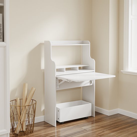 SoBuy Wandklaptafel FWT105-II-W - Multifunctionele Ruimtebesparende Klaptafel met Wielen - Inklapbaar Bureau met Lade en Planken - Wit
