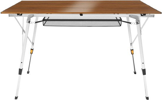 tectake® Campingtafel - 120 x 70,5 x 58 - 79 cm - Klaptafel van Aluminium - Oprolbaar xxl-tafelblad - Vouwtafel - Reistafel - Tuintafel - Weerbestendig - In hoogte verstelbaar - Draagtas - Inklapbaar - Houtlook