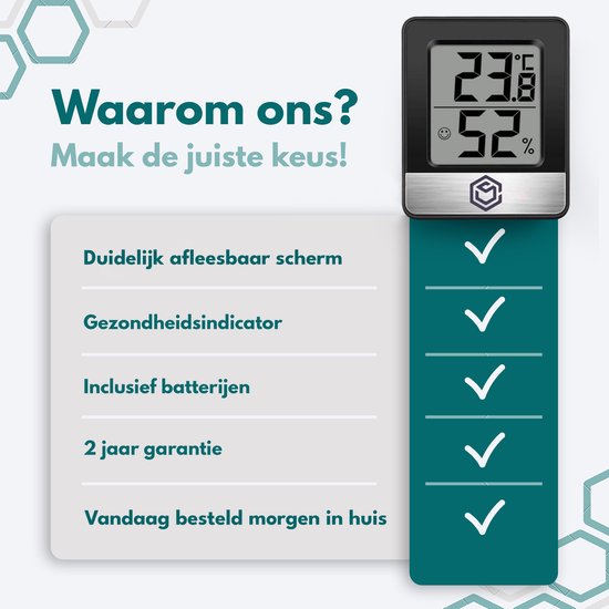 Ease Electronicz Hygrometer - Luchtvochtigheidsmeter - Digitaal Weerstation - Vochtigheidsmeter - Thermometer voor Binnen - Inclusief batterij