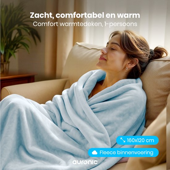 Auronic Elektrische Deken - 160x120cm - Warmtedeken - 1 Persoons - 3 Warmtestanden - met Timer - Verwarmingsdeken - Lichtblauw