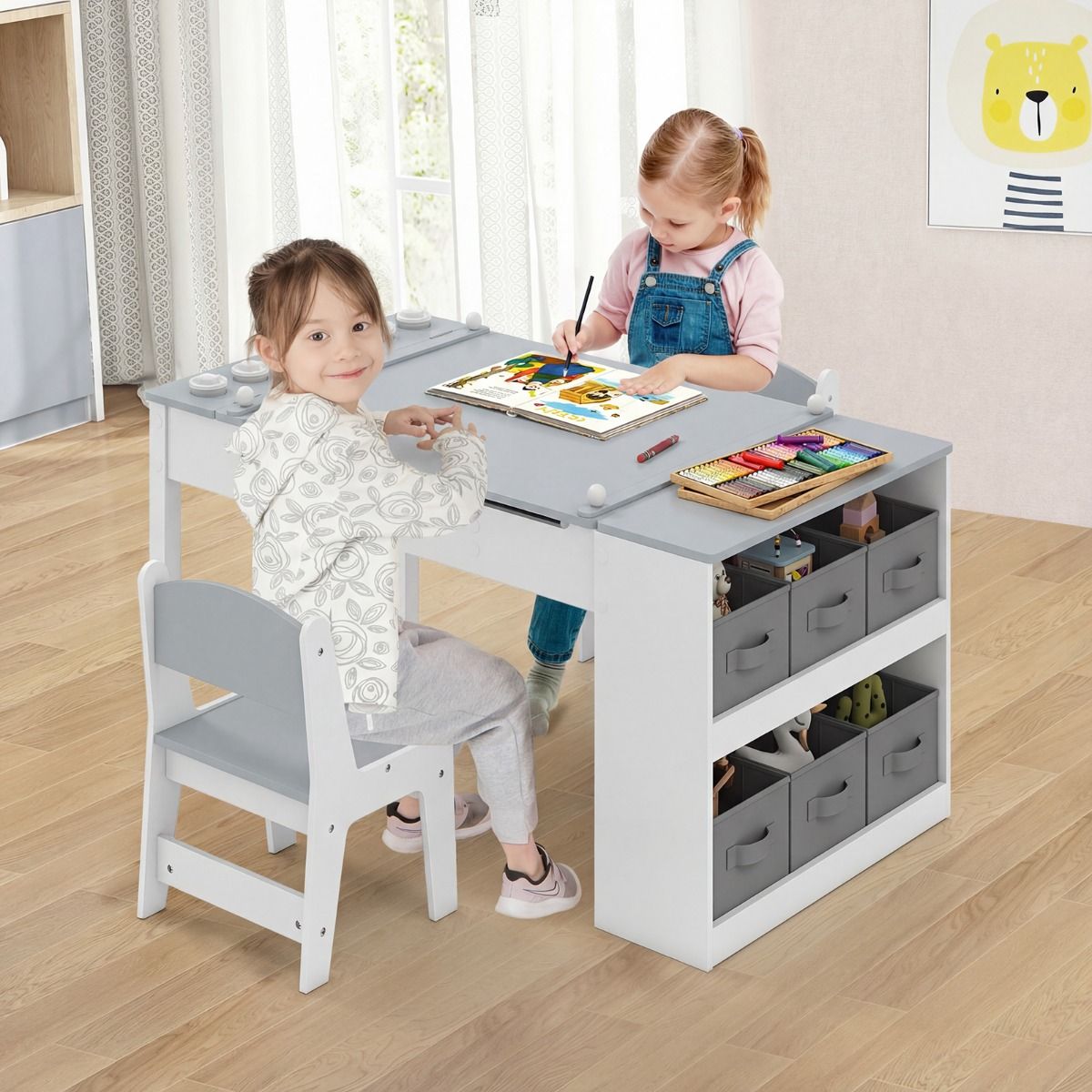 Coast Kindertafel en Stoelenset - 2-in-1 tekentafel met opbergruimte en papierrol - grijs