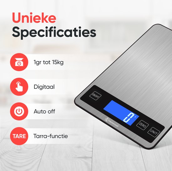 Kitchenwell Digitale Precisie Keukenweegschaal – Weegschaal Keuken - 1gr - 10kg – Tarra Functie - Grijs