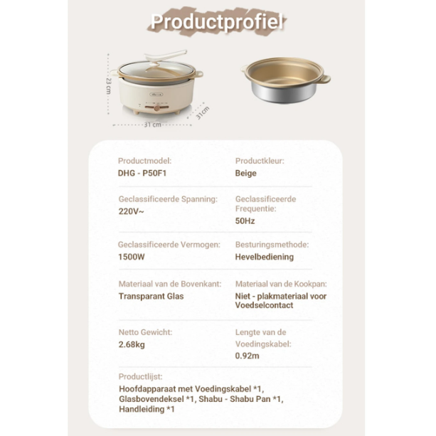 Bear - DHG-P50F1 - Elektrische Hotpot 5L - 36,9 x 31,2 x 23,6 cm