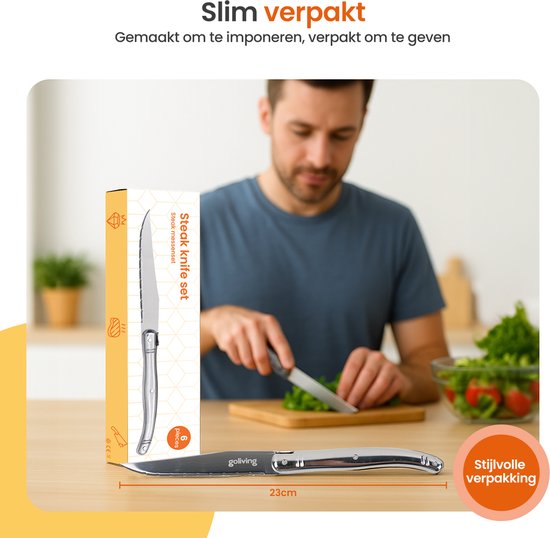 Goliving Steakmessen - Vleesmes - Vaatwasserbestendig - 6-delige Steakmessenset - RVS - Messenset - Kartelmes - Zilver