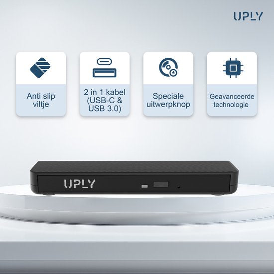 UPLY Externe DVD Speler - Windows en Mac - USB C en USB 3.0 - Externe DVD Speler voor Laptop - Externe DVD Speler en Brander - CD