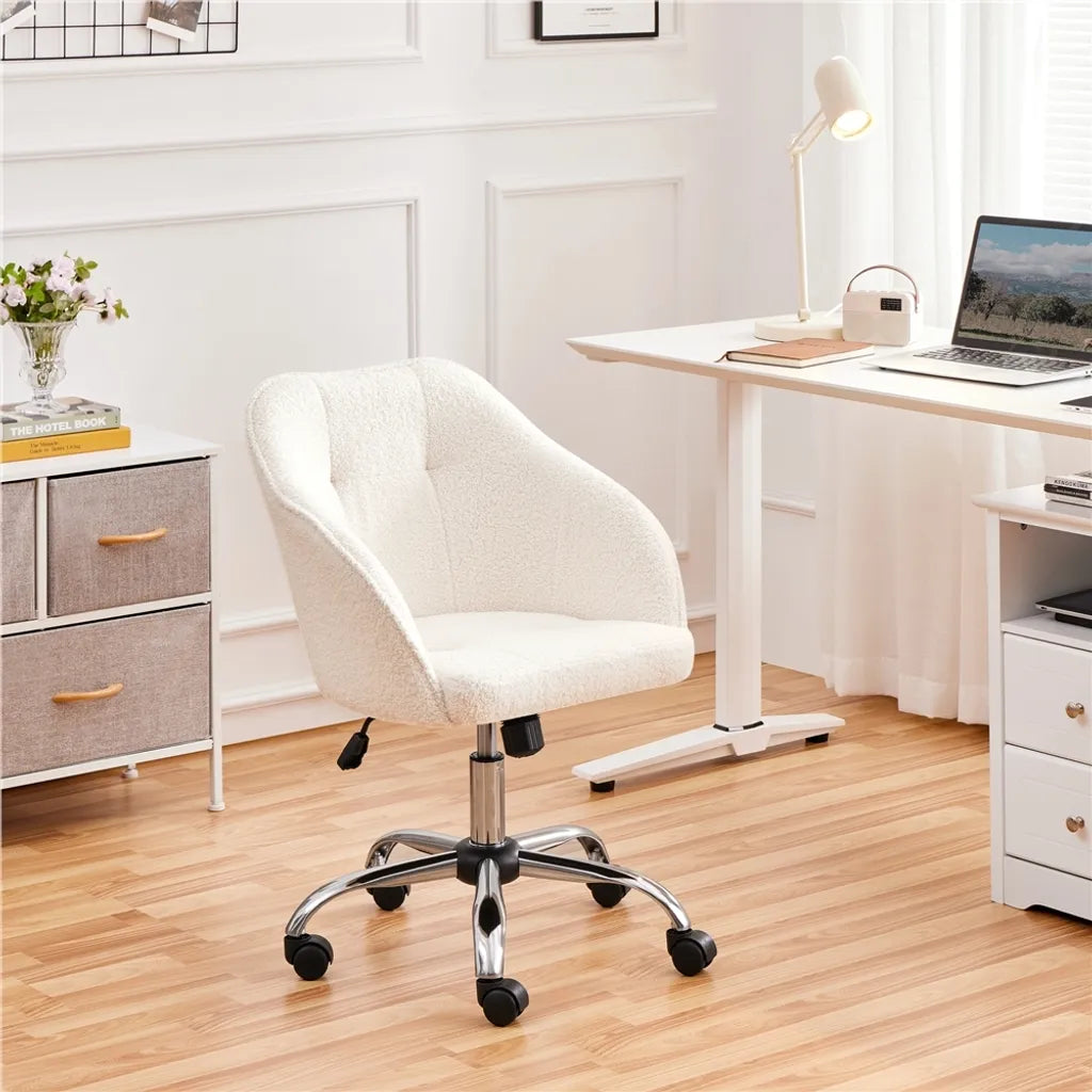 Yaheetech Ergonomische Bureaustoel 60 x 60 x 76,5-86,5 cm - Ivoor - Verstelbare Draaistoel met Fluwelen Bekleding