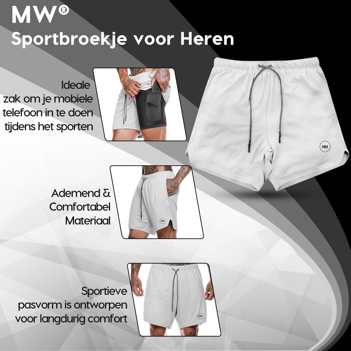 MW® - Sportbroek Heren - Fitnessbroek - Sportkleding - 2 in 1 Shorts - Hardloopbroek (Grijs - S)