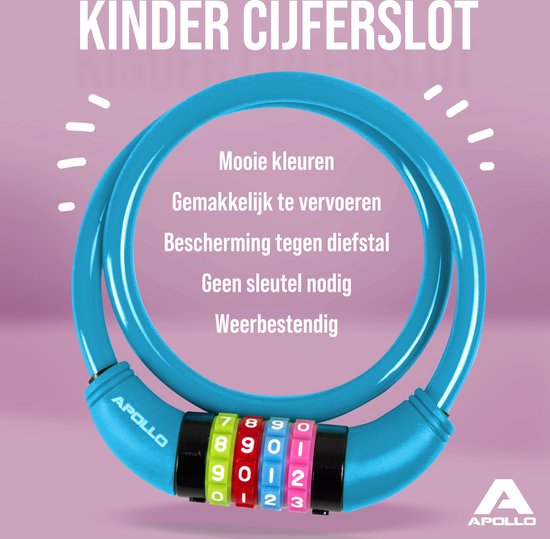 Apollo Kinderfietsenslot - ook voor scooters en loopfietsen - eenvoudig cijferslot voor kinderen, licht en veilig, scooterslot met code, zonder sleutel, ideaal scooter- & fietsaccessoire
