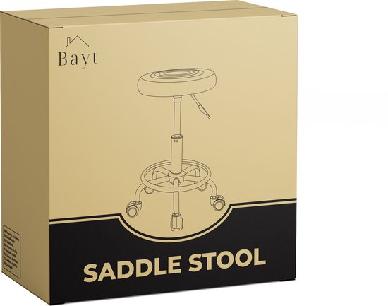 Bayt Zadelkruk - Zadelstoel Rond - Kapperskruk - Zadelkruk op wielen - Tabouret - In hoogte verstelbaar - Zwart