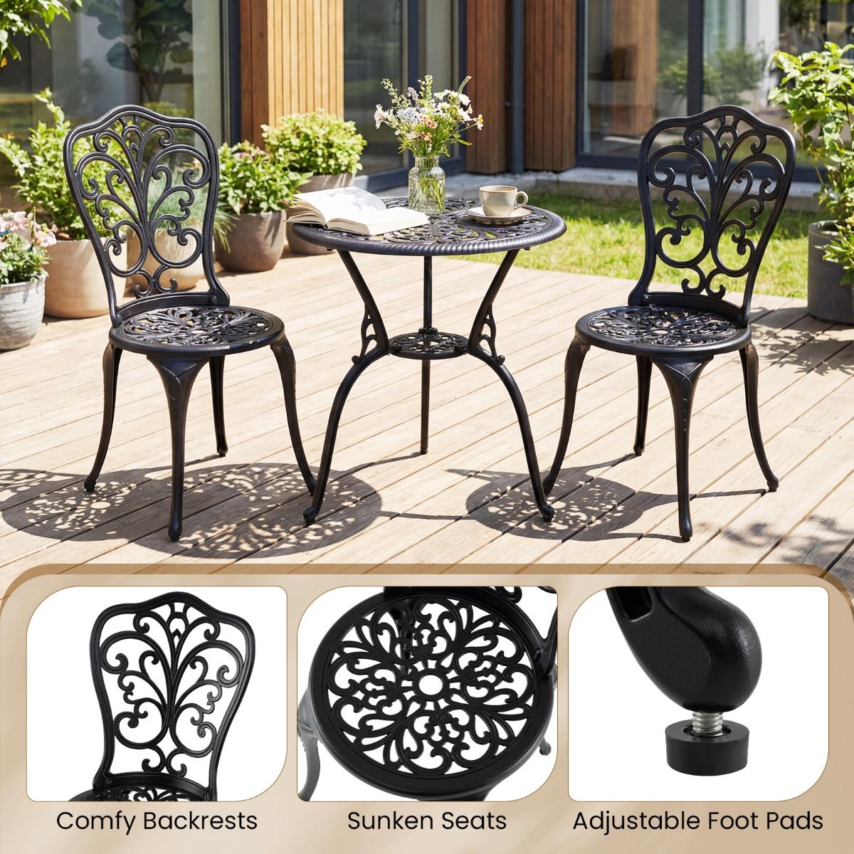 Coast 3-delige bistroset - gegoten aluminium - parasolgat - vlinderrugleuningen - zwart