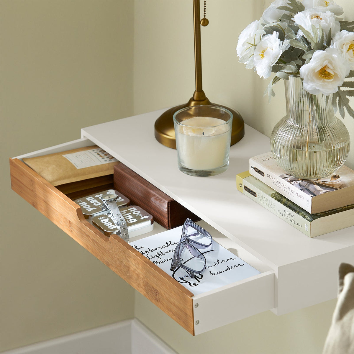 SoBuy Wandplank met 1 Lade - Max 5. kg - 60 x 25 x 8 cm - Wit/ Bruin