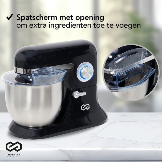 Infinity Goods Keukenmachine - Keukenmixer - 6,5L RVS Mengkom - Keukenrobot - Foodprocessor - Met Accessoires - 1600W - Zwart
