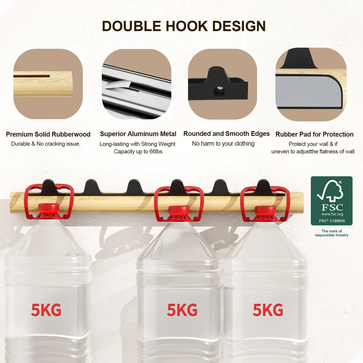 Wkapanou andkapstok met 6 Haken – FSC Rubberhout & Aluminium – Tot 30 kg