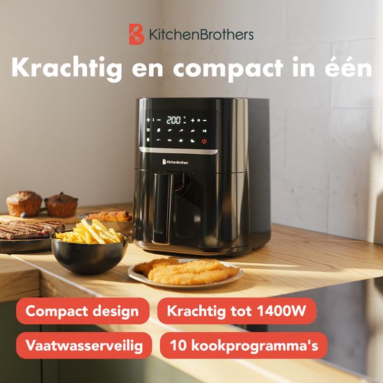KitchenBrothers Airfryer Compact 3.3L – Voorzien Van 10 Kookprogramma's En 1400W Vermogen En Extra Lang Snoer 1,5 Meter – Voor Friet En Snacks – Zwart Kunststof – 3,3 Liter