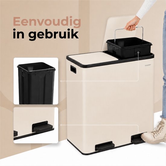 O'DADDY® Prullenbak – Afvalbak - Prullenbak 60 liter - Pedaalemmer – Vuilnisbak - Prullenbak 2 vakken - Prullenbak afvalscheiding – Afvalbak afvalscheiding - 2 Binnen emmers - Soft-Close - Inclusief 15 Afvalzakken - Beige