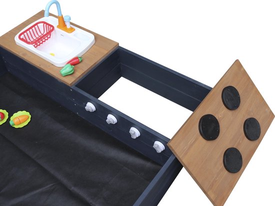 AXI Kelly Zandbak met Speelkeuken Antraciet/bruin - Wastafel incl. 17-delige accessoire-set - Inclusief afdekzeil en gronddoek